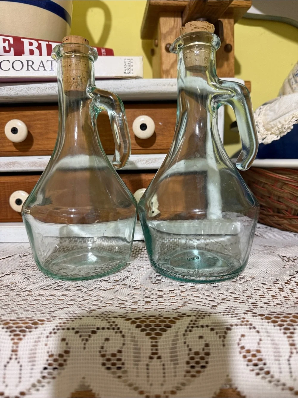 Set of 2 Clear tinted green Glass Olive Oil Cruets with Cork Stoppers